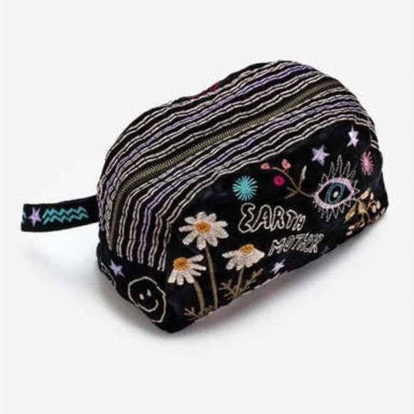 Johnny Was Cotton Embroidered Zipper Cosmetic Bag Handbag Makeup Purse Black NEW - Picture 3 of 6